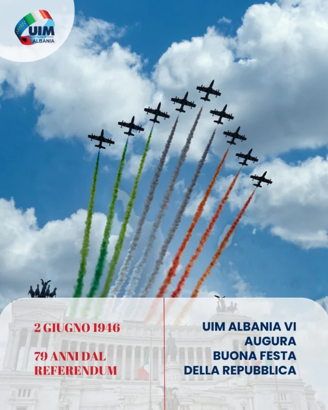 🇮🇹 Buona Festa della Repubblica! 🇮🇹Questo 2 Giugno, UIM Albania augura a tutte le italiane e tutti gli italiani il 79º anniversario del referendum costituzionale del 1946.🗳️ Chiamati a scegliere la forma istituzionale da dare al Paese, 12 milioni di persone scelsero la Repubblica, altri 10 milioni la Monarchia, segnando così la nascita della Repubblica d’Italia. 👩🏻 Il referendum a suffragio universale segnò anche l'ingresso delle #donne nella vita politica italiana. Gli elettori dovevano scegliere i membri dell’Assemblea Costituente, con l’incarico di scrivere la Costituzione Italiana. Le donne candidate erano oltre 200. Tra i 556 eletti, vi sono state 21 donne. 🥳 Dunque, doppia motivazione per celebrare il 2 Giugno!#FestaDellaRepubblica #2Giugno #RepubblicaItaliana #CostituzioneItaliana #SuffragioUniversale #DonneInPolitica #AnniversarioRepubblica #OrgoglioItaliano #VivaLaRepubblica #ParitàDiGenere