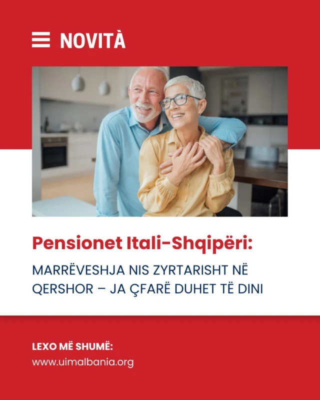 🗓 Nis në Qershor! 🇮🇹🇦🇱 Lajm i rëndësishëm për emigrantët shqiptarë dhe qytetarët që kanë punuar në të dy vendet:Marrëveshja Itali–Shqipëri për njohjen e kontributeve të pensioneve do të hyjë në zbatim shumë shpejt!📌 Mund të përfitoni dy pensione, proporcionalisht sipas viteve të punës. 📲 UIM Albania ndihmon me të gjitha procedurat falas – nga verifikimi i viteve te aplikimi përmes INPS dhe e-Albania.🕐 Këshillë: Filloni verifikimin që tani për të shmangur vonesat!#pensionet #shqiptaretneitali #migrim #UIMAlbania #tëdrejtatetuaja #emigracioni #kontribute #informim